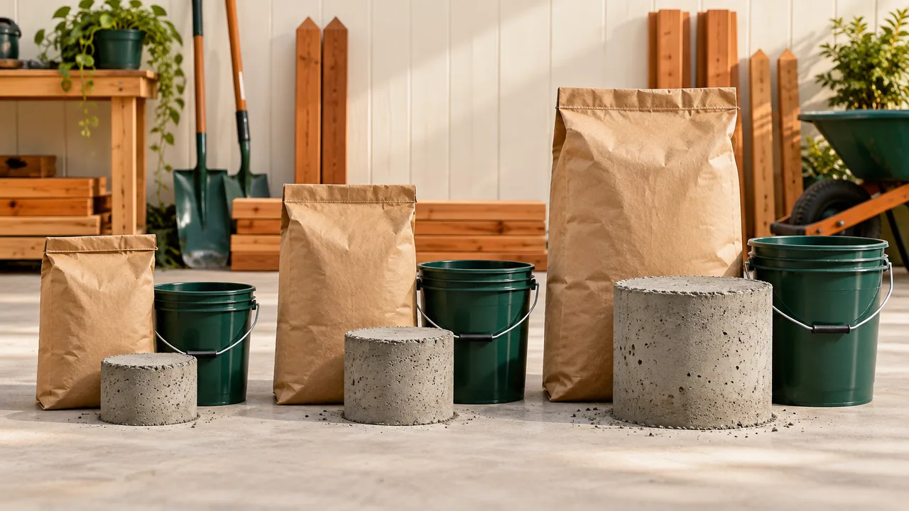 Three unbranded concrete bag sizes beside different concrete sample volumes
