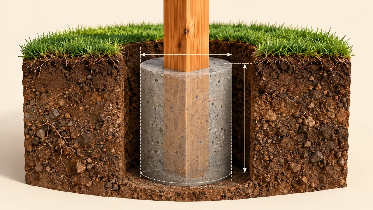 Cutaway illustration of a cedar post centered in a cylindrical concrete footing