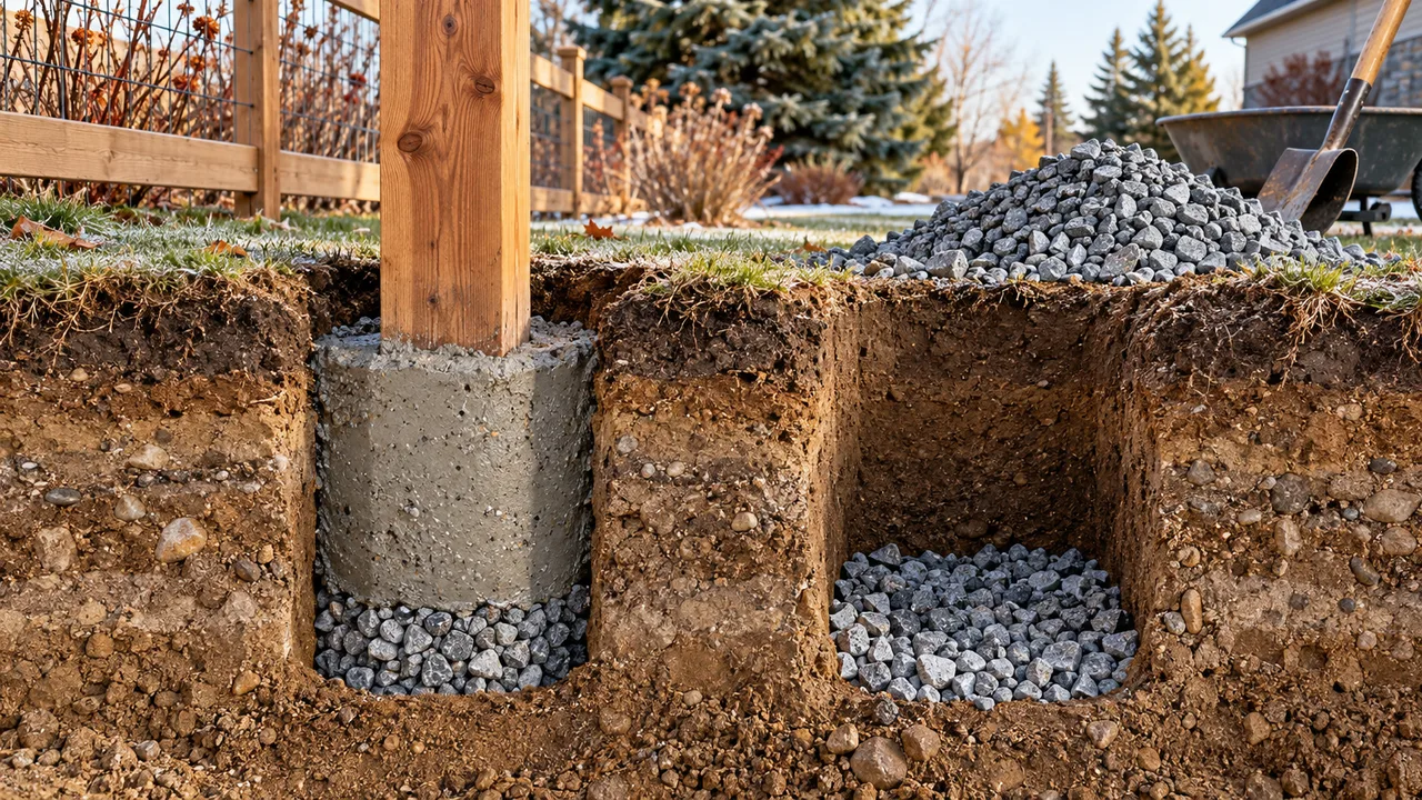 Soil cutaway showing gravel drainage below a concrete fence post footing