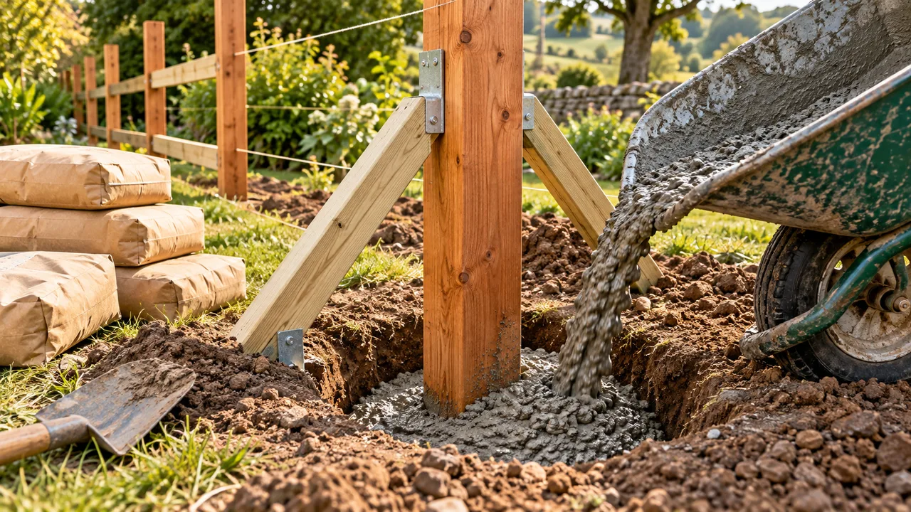 Concrete being poured around a braced cedar fence post