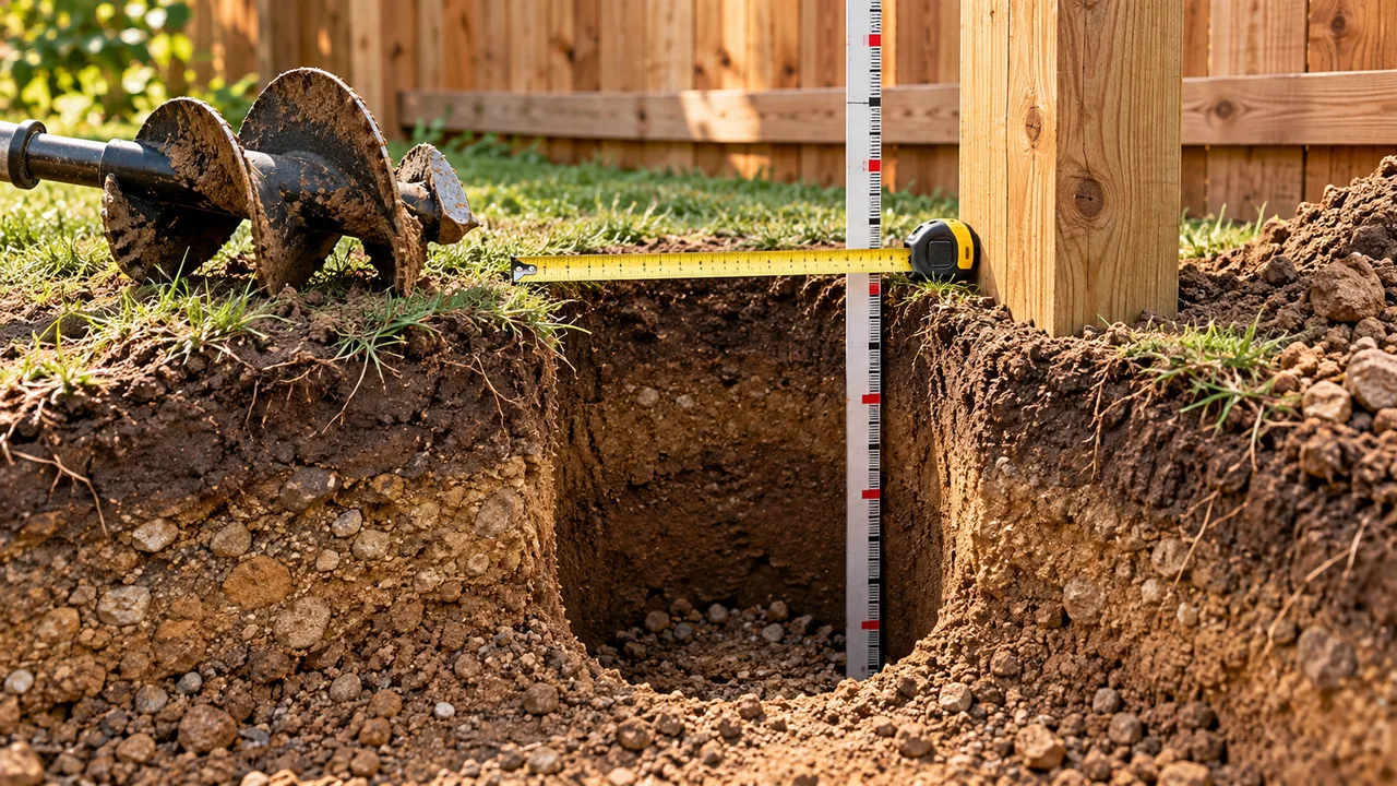 Round fence post hole shown with an auger, tape, and depth measuring rod
