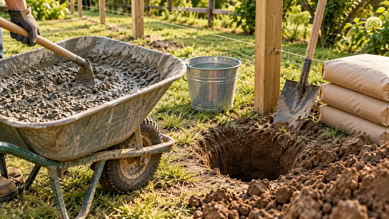 Wheelbarrow of mixed concrete, water bucket, tools, and a prepared post hole