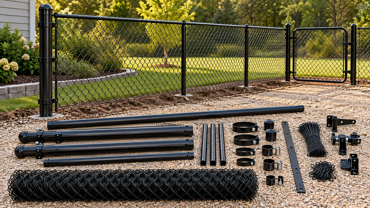 Black chain-link mesh, posts, rails, bands, caps, ties, and gate hardware organized beside a fence