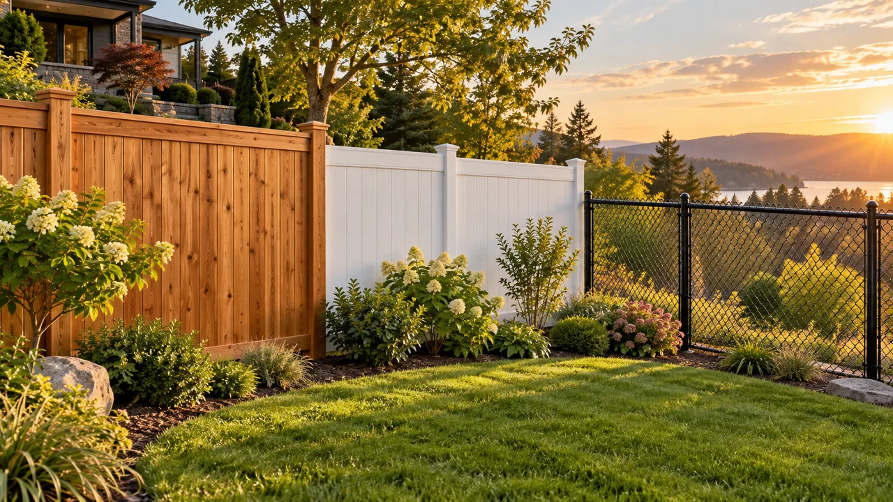 Cedar, white vinyl, and black chain-link fence sections in a landscaped yard