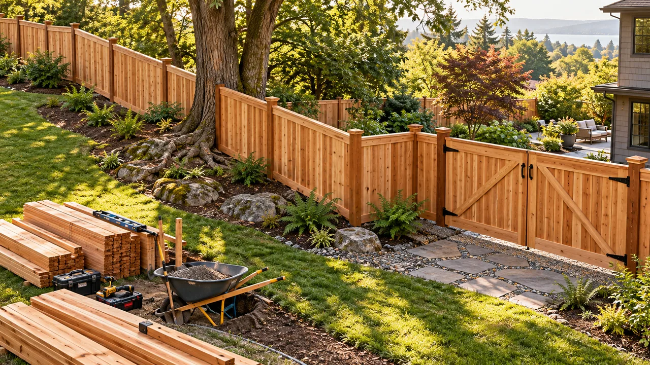 Cedar fence crossing a slope, tree roots, corners, and a double gate with materials nearby