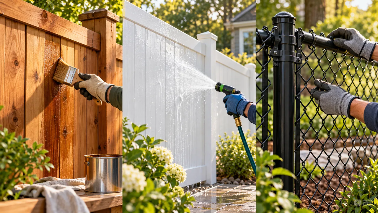 Gloved hands maintaining cedar, cleaning vinyl, and inspecting chain-link fence sections