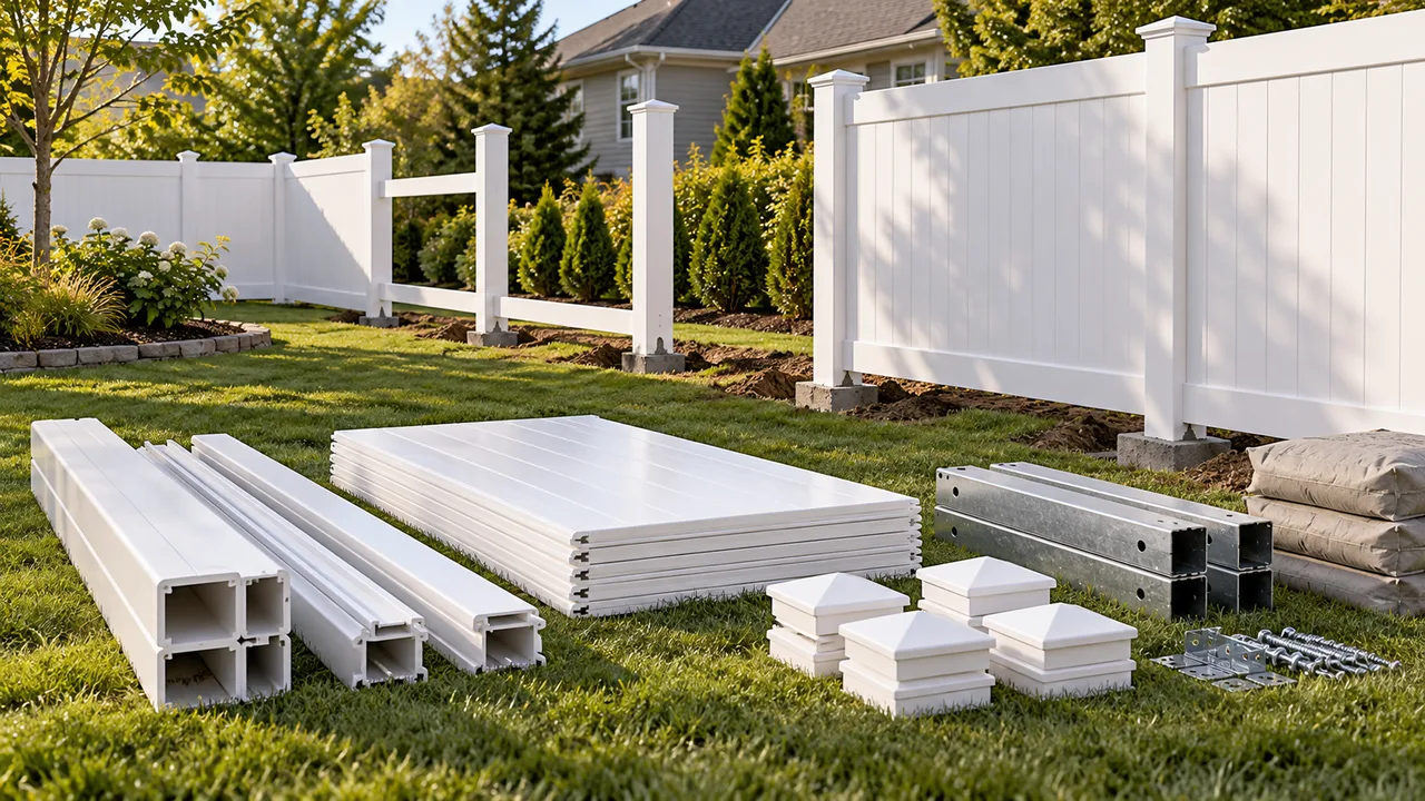 White vinyl posts, rails, panels, caps, reinforcements, hardware, and concrete bags staged in a yard