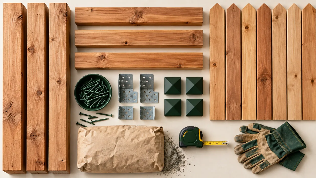 Cedar fence posts, rails, pickets, fasteners, brackets, cap pieces, and tools arranged for estimating