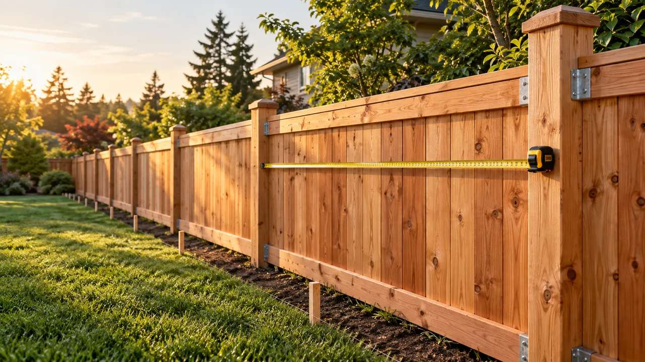 Cedar privacy fence with a tape measure stretched between posts