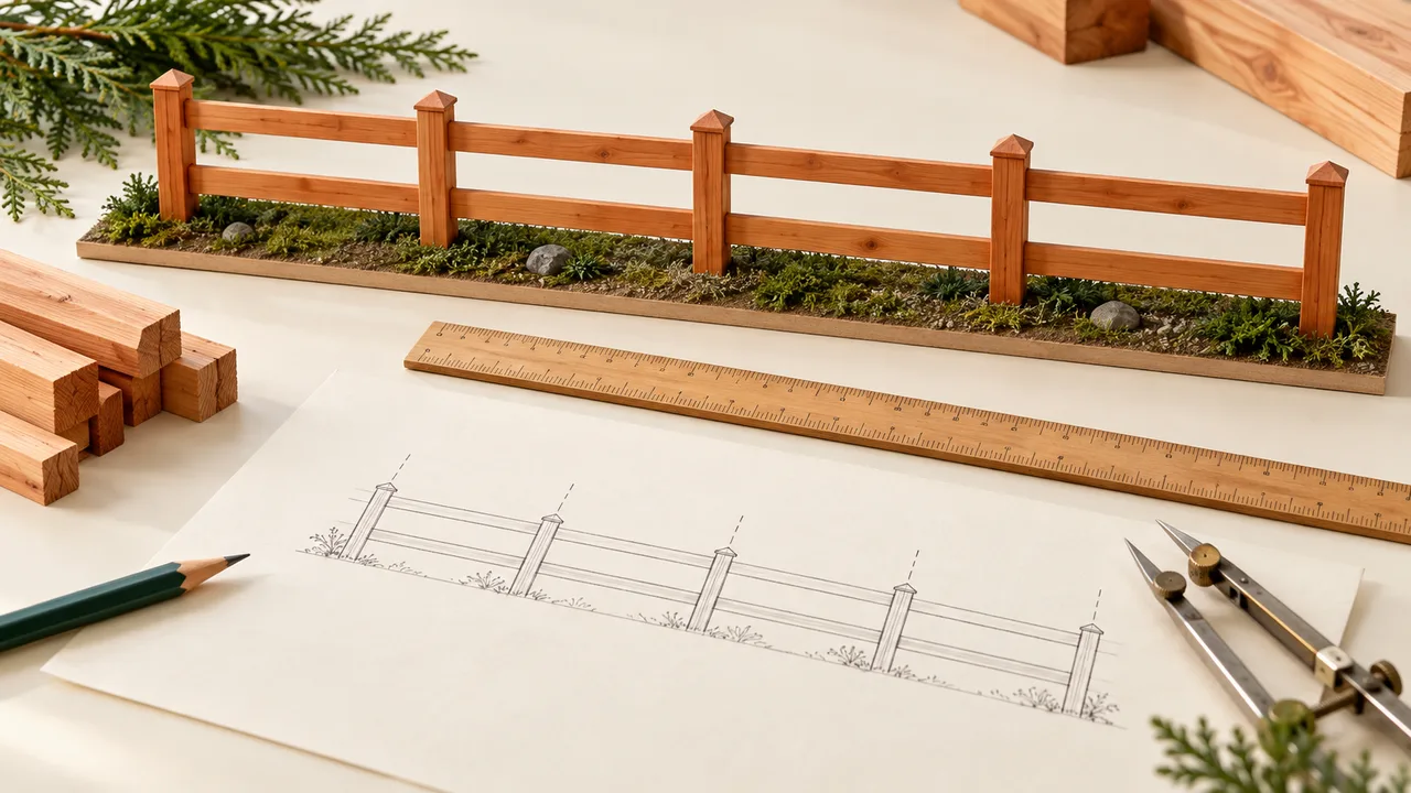 Scale fence model with equal bays, ruler, dividers, and a layout sketch