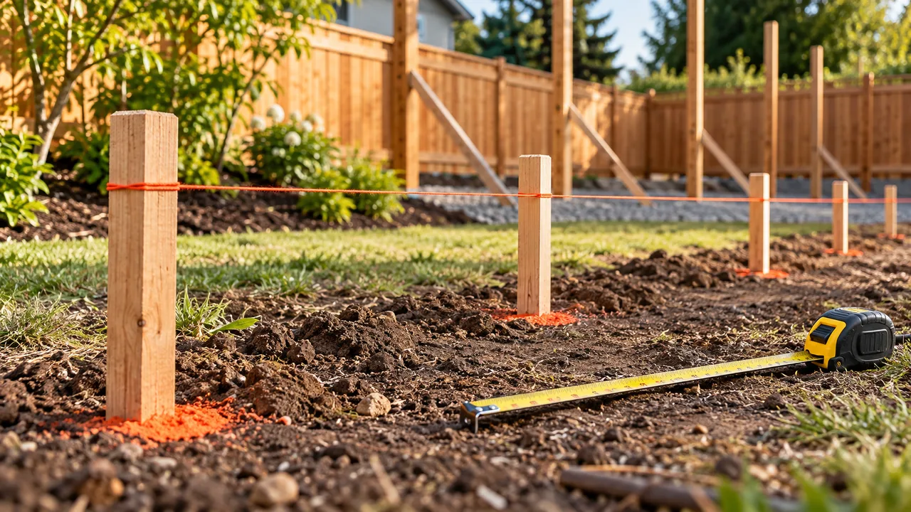 Evenly spaced stakes and marking paint aligned by a mason line