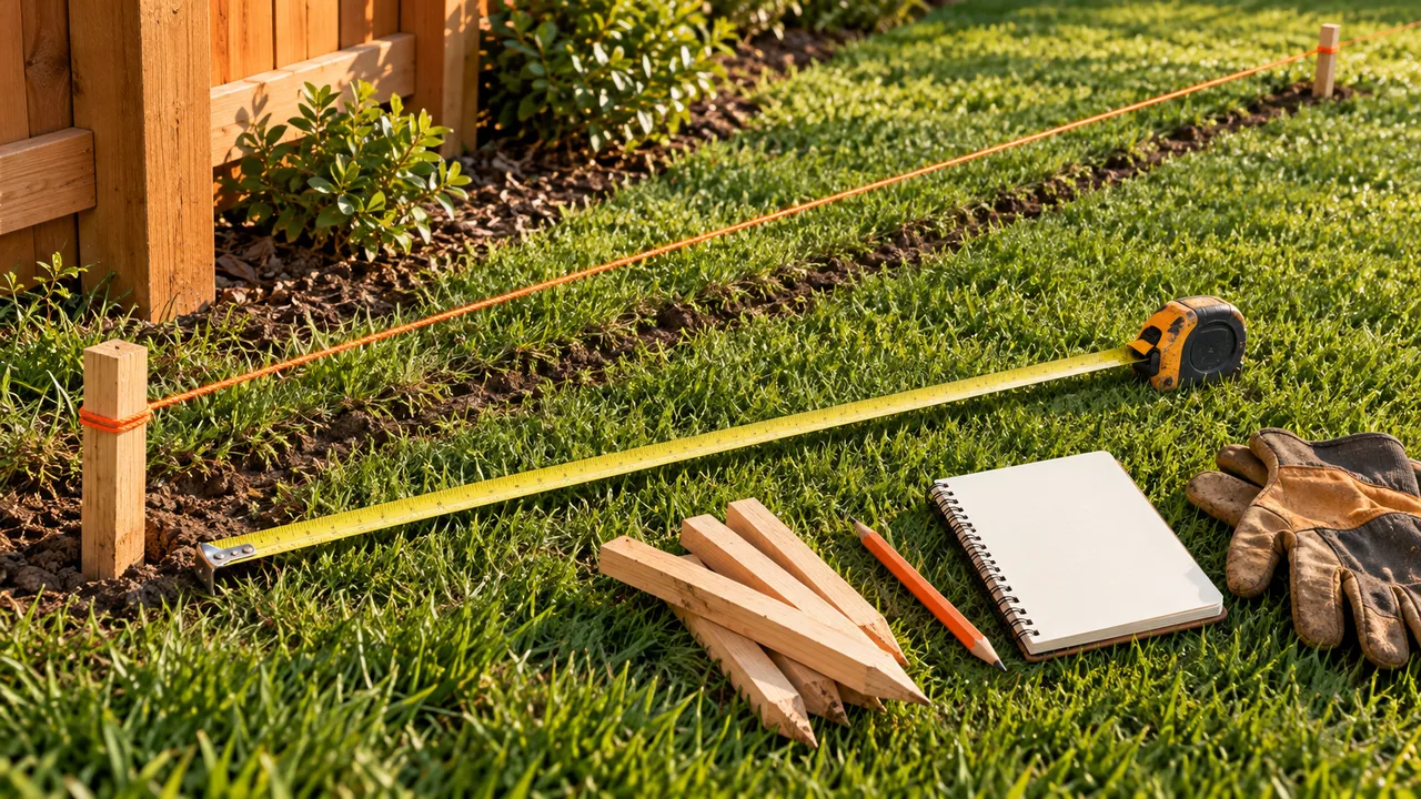 Tape measure, mason line, stakes, and blank notebook beside a marked fence run