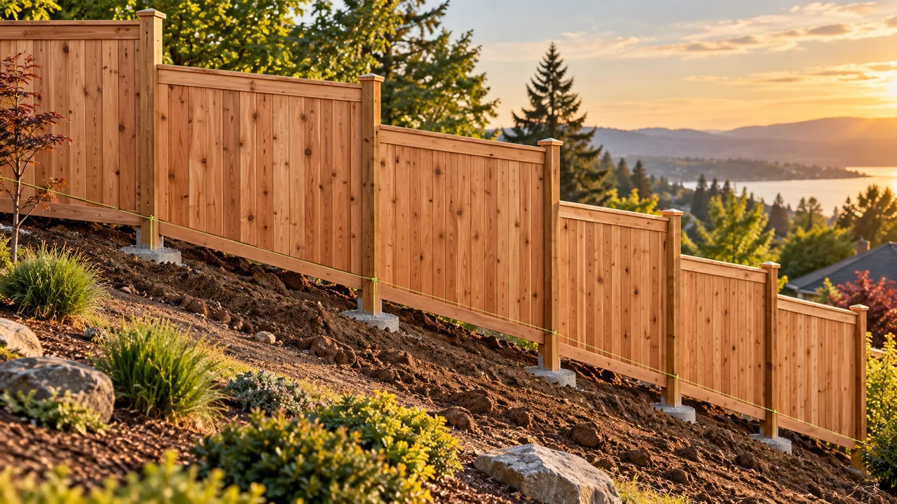 Stepped cedar privacy fence following a sloped residential yard